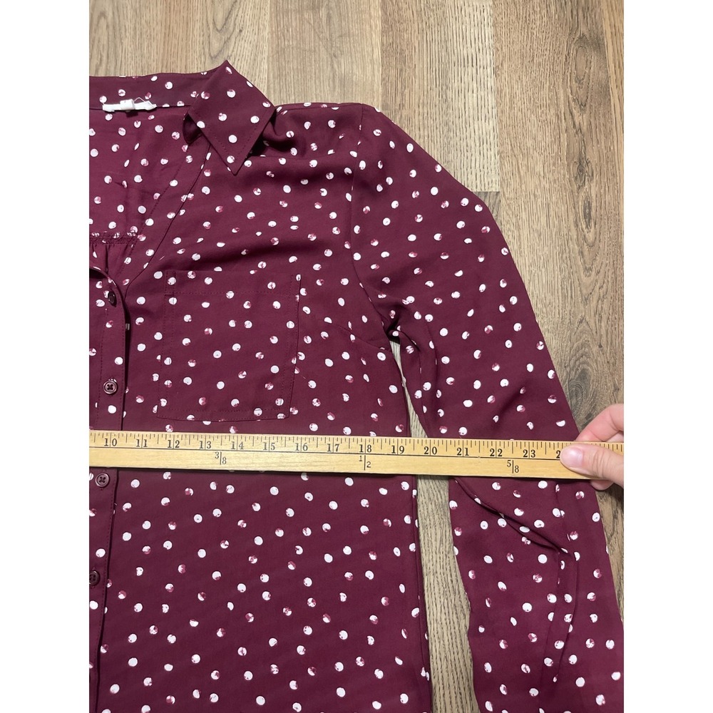 Maurices Blouse, Women's Small, Maroon White Polka Dots Long Sleeve Button Up - Picture 6 of 10